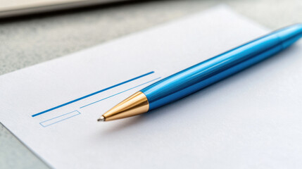 Naklejka premium A blue pen sits on a white paper with two blue lines, with a blurred background emphasizing the writing space.