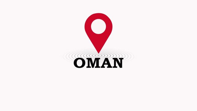 Oman Location Symbol. Oman country name text down location pin pointer icon black background 4K video.