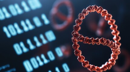A vibrant red DNA helix on a dark background with binary code, symbolizing genetics and data.
