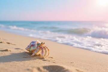 Hermit crab on sandy beach near ocean waves during sunset