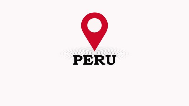 Peru Location Symbol. Peru country name text down location pin pointer icon black background 4K video.
