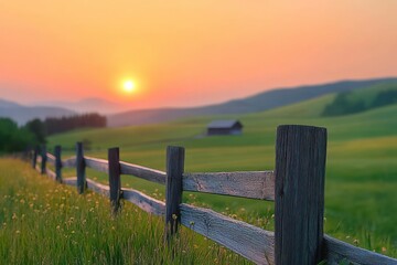 Obraz premium Sunset over peaceful countryside landscape with green fields, wooden fence in foreground and distant barn near rolling hills