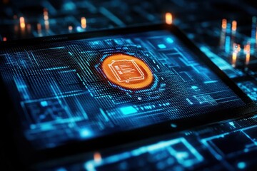 Close-up of futuristic digital tablet displaying glowing document icon surrounded by blue circuit patterns and data streams
