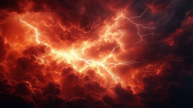 Dramatic fiery red sky filled with thick dark clouds and intense lightning streaks illuminating the turbulent atmosphere