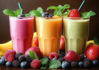 Three colorful fruit smoothies in tall glasses garnished with fresh mint leaves and assorted berries on a wooden surface with fresh fruits around
