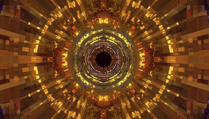 Abstract golden tunnel with intricate glowing geometric patterns leading to a dark center.