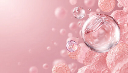 Luxury 3D render of microscopic beauty bubbles, cosmetic essence drops, or encapsulated active ingredients on a soft pink background.High-detail scientific and luxurious illustration for premium