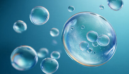 Macro closeup of transparent liquid serum bubble or sphere on teal blue background. Water molecules, collagen, or hyaluronic acid texture concept for cosmetology and science.