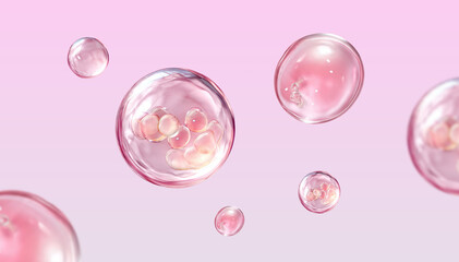 Luxury 3D render of microscopic beauty bubbles, cosmetic oil drops, or encapsulated active ingredients on a soft pink background.