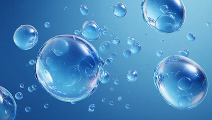 Water bubbles on blue background. Clear serum, hyaluronic acid, collagen, or oxygen spheres. Abstract cosmetic or medical concept.