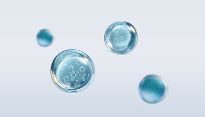 Transparent water drop spheres containing micro-bubbles. Abstract 3D render of cosmetic serum, hyaluronic acid, or collagen particles for hydration and science.