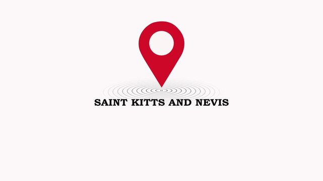 Saint Kitts And Nevis Location Symbol. Saint Kitts And Nevis country name text down location pin pointer icon black background 4K video.