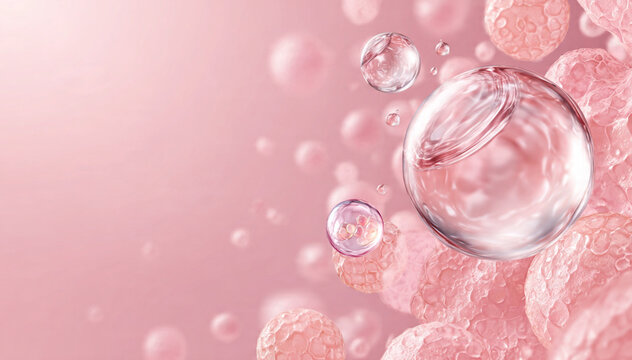 Luxury 3D render of microscopic beauty bubbles, cosmetic essence drops, or encapsulated active ingredients on a soft pink background.High-detail scientific and luxurious illustration for premium