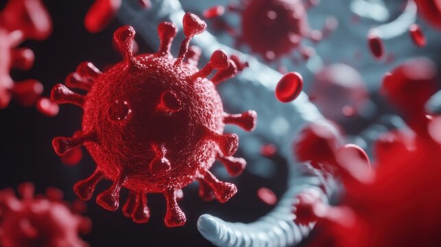 Close-up of red spherical virus particles with spike-like structures amidst red blood cells on a dark background.