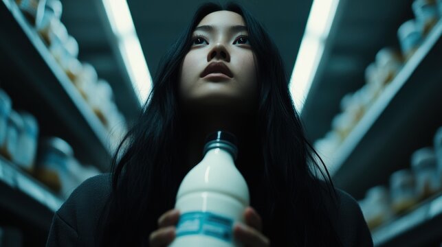 A young woman in a dim store aisle holds a bottle of milk, her contemplative expression framed by shelves of jars in the background.
