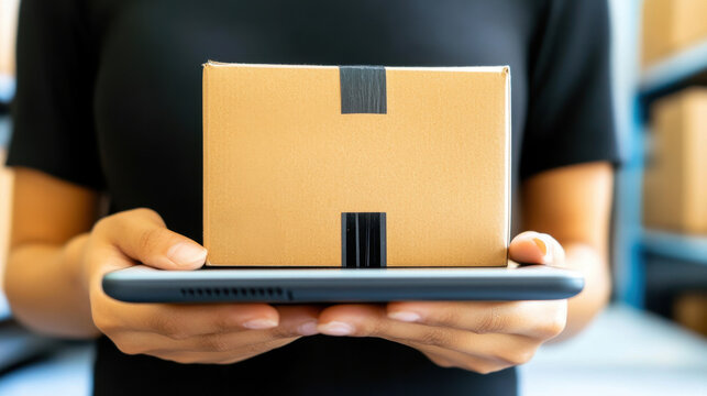 A person holds a small cardboard package in one hand and a tablet in the other, with shelves of boxes in the background. - Powered by Adobe