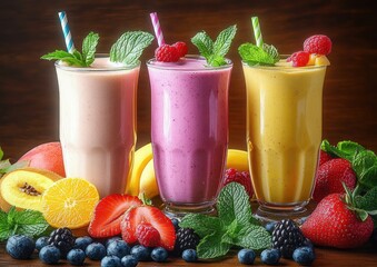 Three colorful fruit smoothies garnished with fresh mint leaves and berries surrounded by a variety of fresh fruits on a wooden surface