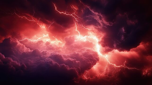 dramatic dark storm clouds illuminated by intense bright red lightning bolts creating an ominous and powerful atmosphere