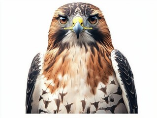 close-up of a fierce hawk with sharp eyes and detailed patterned feathers against a white background