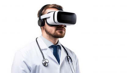 A doctor wearing a white coat and stethoscope using a virtual reality headset on  on transparent background