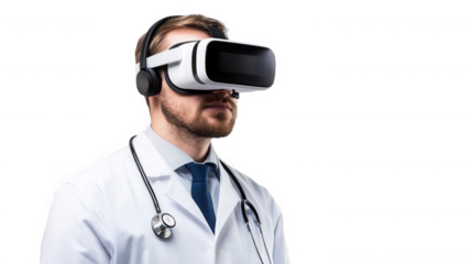 A doctor wearing a white coat and stethoscope using a virtual reality headset on on transparent background