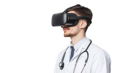 A doctor wearing a virtual reality headset and a stethoscope on a black isolated background on transparent background