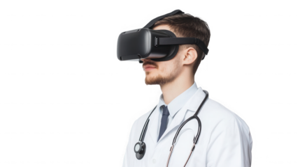 A doctor wearing a virtual reality headset and a stethoscope on a black isolated background on transparent background