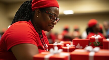 Obraz premium A woman in a red shirt and headband meticulously wraps gifts at an event surrounded by red-wrapped boxes and others participating in similar tasks.