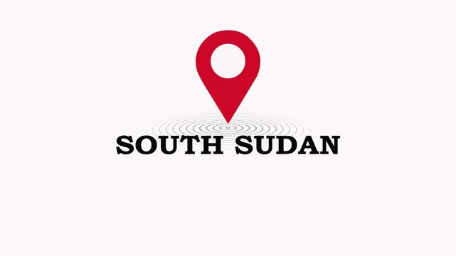 South Sudan Location Symbol. South Sudan country name text down location pin pointer icon black background 4K video.