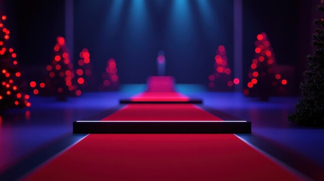 A dimly lit runway with a red carpet is flanked by glowing Christmas trees, all enhanced by soft blue lights for a festive atmosphere. - Powered by Adobe