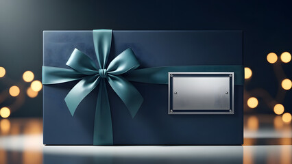 Sophisticated dark blue gift box with a lustrous bow and customizable plaque, evoking luxury and celebration