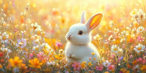 Cute white bunny sitting peacefully in a vibrant wildflower meadow glowing with warm sunlight