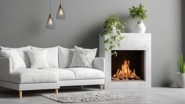 Ultra realistic architectural photo of a bright minimalist space, white sectional sofa positioned near a slim fireplace, indoor plants adding freshness, crisp textures and clean warm lighting