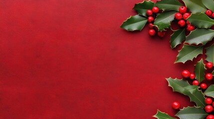 A vibrant red background adorned with holly leaves and bright red berries creates a festive atmosphere.
