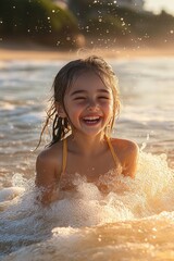 Obraz premium joyful young girl laughing and playing in foamy ocean waves during golden hour at the beach