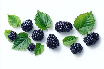 Fresh blackberries with green leaves arranged on a white background showcasing natural texture and vibrant colors