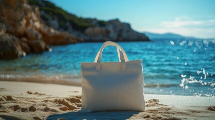 simple beige tote bag standing upright on sandy beach with sparkling blue sea and rocky cliffs in background under clear sky