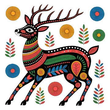 Stylized Bhil Deer Vector Art with Tribal Dot Textures and Bold Graphic Motifs