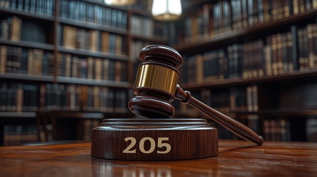 wooden judge gavel resting on sounding block with number 205 in a library filled with law books, symbolizing justice and legal authority