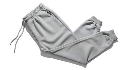 Light gray, folded sweatpants with drawstring, angled on a white background