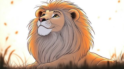 Illustration of a majestic lion with a thick golden mane looking upwards with a serene expression against a blurred light background and grass foreground