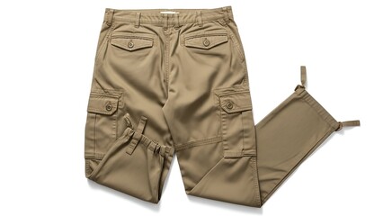 Beige cargo pants, visible from the back with pockets, buttons, and leg adjusters, on white