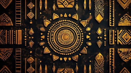 Obraz premium intricate golden tribal patterns and geometric shapes arranged symmetrically on a dark textured background creating a decorative ornamental design
