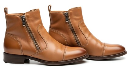 Two brown leather ankle boots with zippers, a toe cap, and stitching, isolated on white