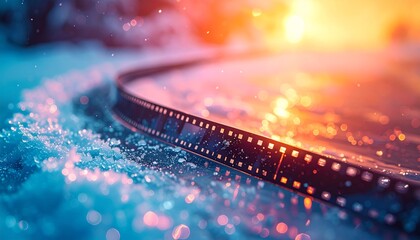 A film strip winding through icy blue and warm orange light, creating a cinematic winter scene with bokeh.