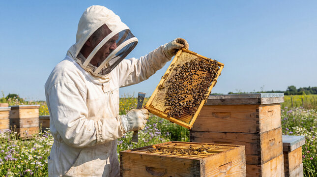 Beekeeper Checking a Beehive - Powered by Adobe