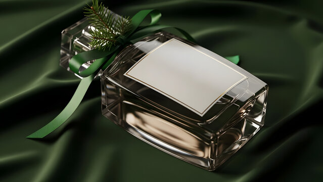 Luxurious crystal perfume bottle presented as a gift with a green satin bow and fir decoration on a rich green fabric background