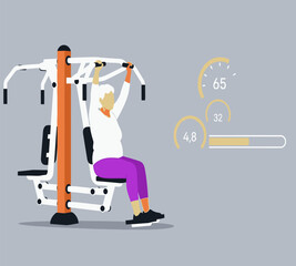 Active senior woman exercising on outdoor chest press machine for strength and fitness in a public park promoting healthy aging