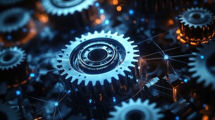 Close-up view of interconnected metallic gears with glowing blue and orange highlights symbolizing advanced technology and mechanical precision