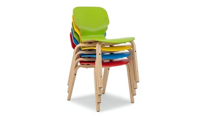Stack of colorful chairs, wooden legs, various seat colors, arranged on a white backdrop